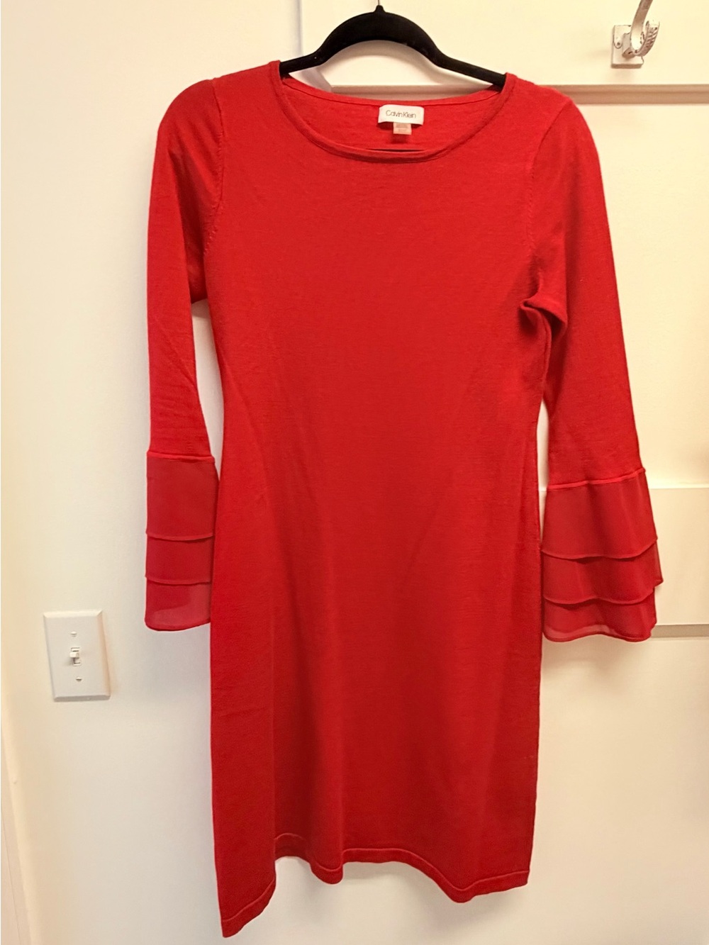 Calvin Klein Red Long-Sleeve A-Line Dress with Tiered Sheer Cuffs - Picture 6 of 6